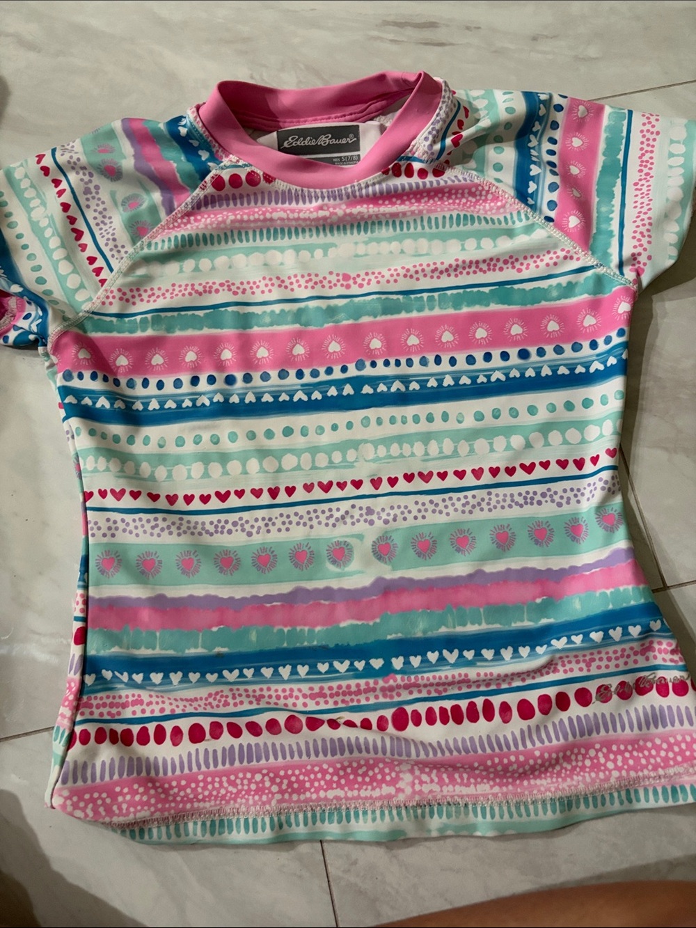Eddie Bauer Pink, Teal & Blue Striped Girls' Short Sleeve Rash Guard